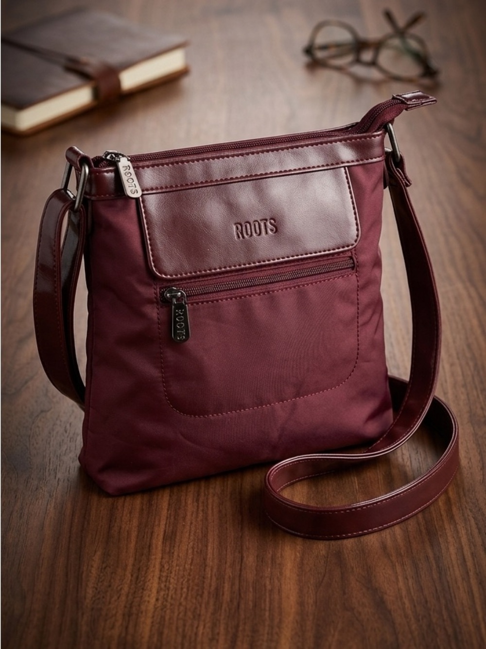 Roots Burgundy Nylon & Faux Leather Crossbody Messenger Bag